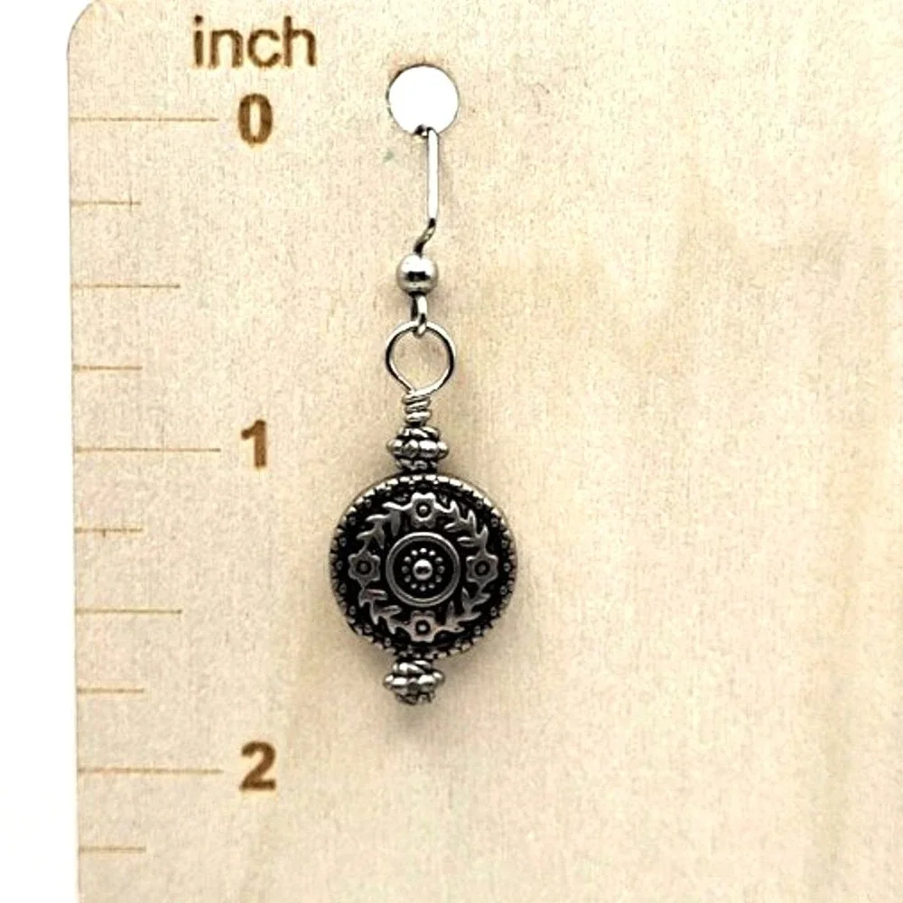Silvertone Antiqued Button Medallion Style‎ Dangle Drop Hook Earrings